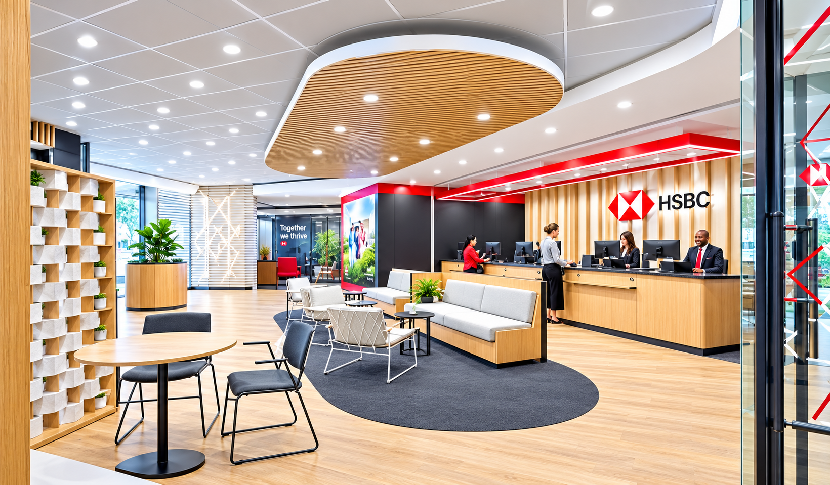 Hall d’accueil moderne d’une agence HSBC avec conseillers au comptoir