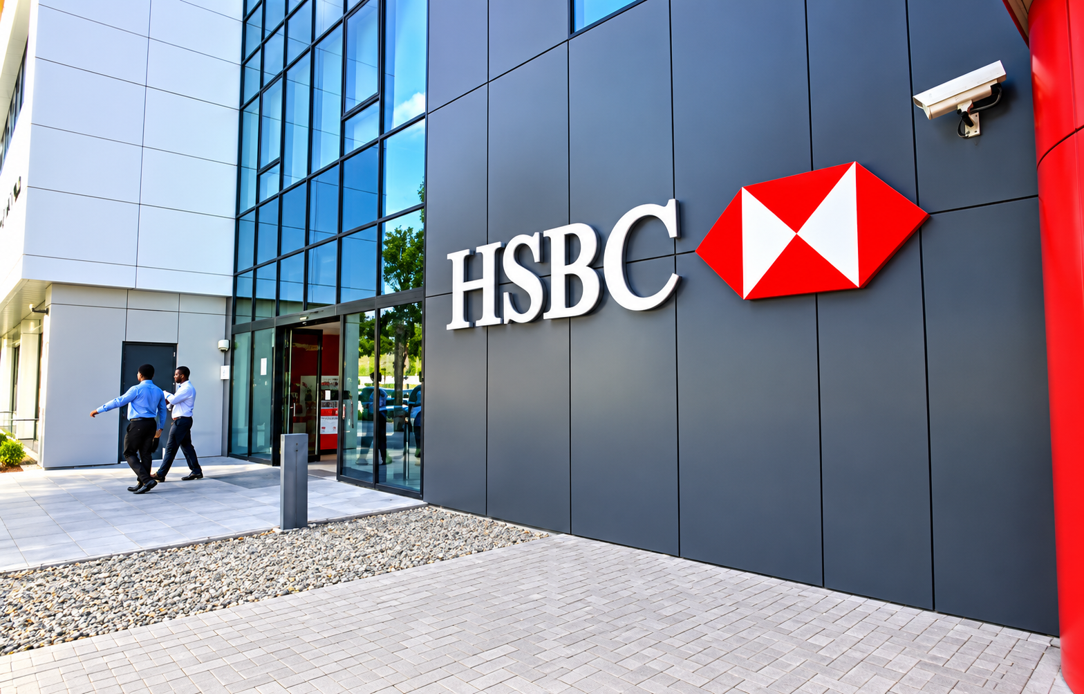 Façade moderne d’un siège HSBC avec son logo rouge
